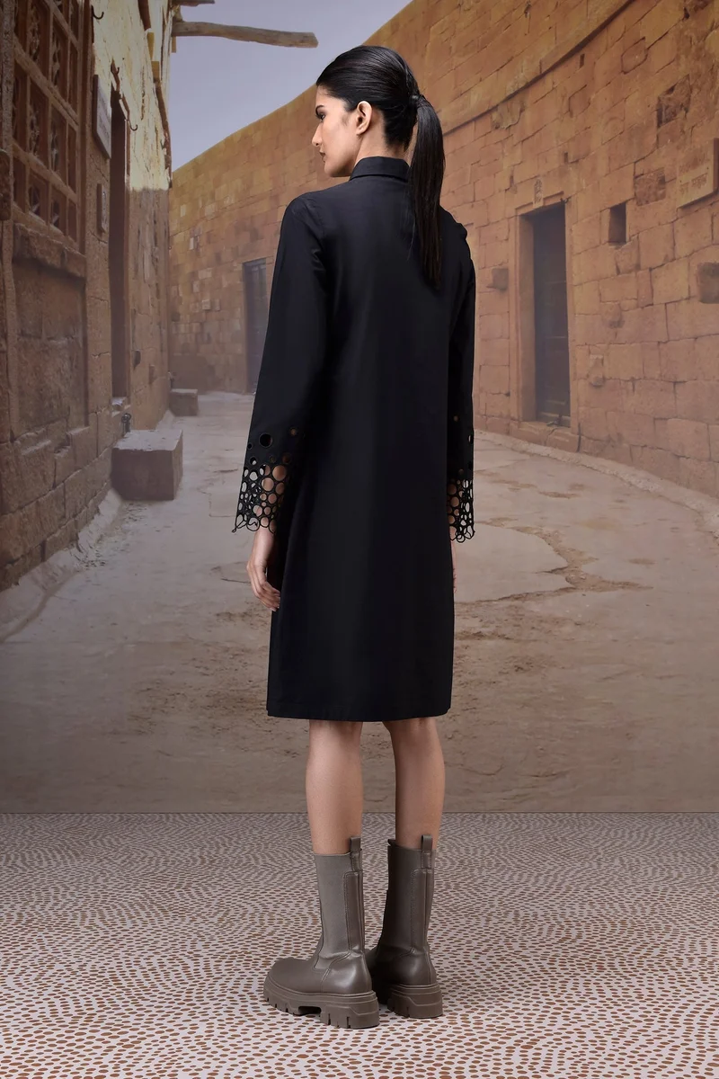 Genes Lecoanet Hemant  Black Poplin Shirt Dress with Cutwork Sleeves for Women | Best Price UAE
